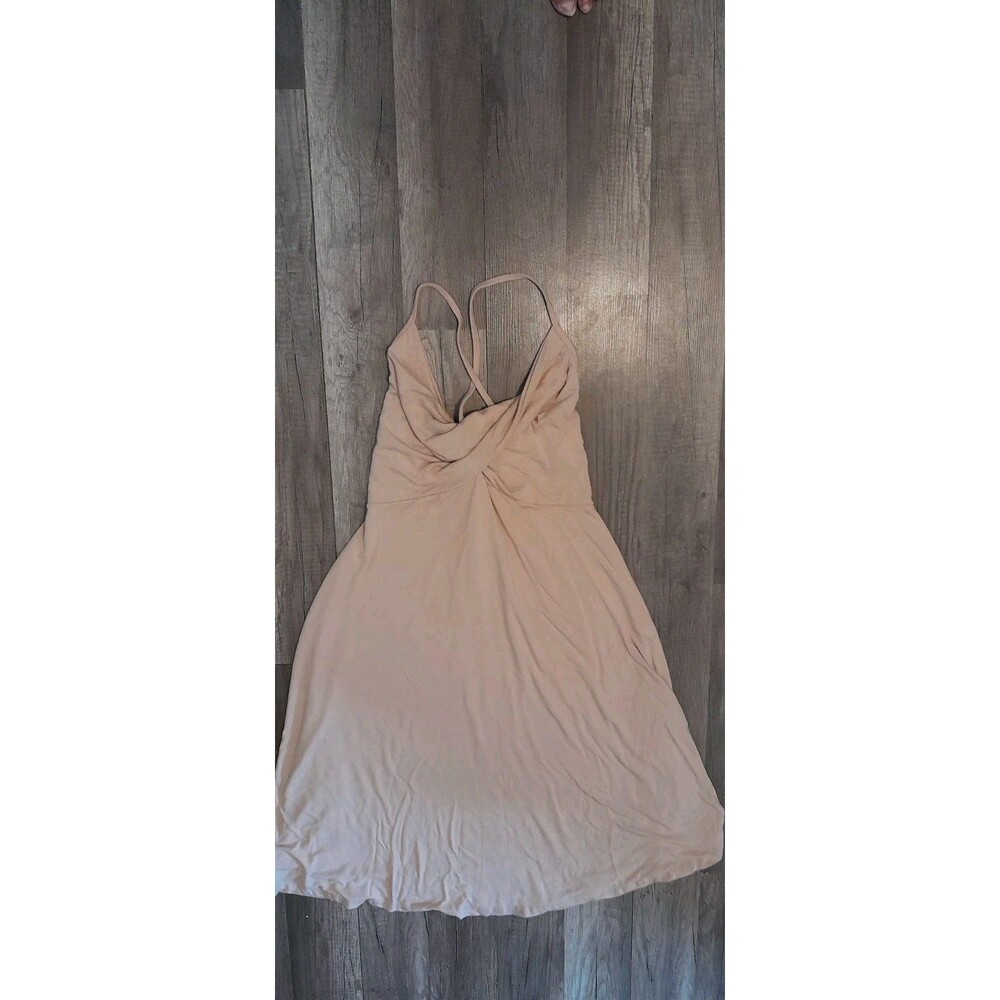 Womens Beige Spaghetti Strp Rouched Bust Midi Tie Back Dress. Bust 26". B43
